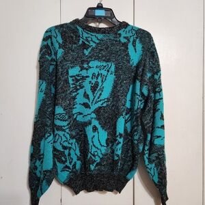 Vintage Santana Ltd Abstract Knit Sweater Mens Medium Teal Black 80s 90s Retro